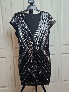 Express Black Sequin Mini Dress with Silver Accents